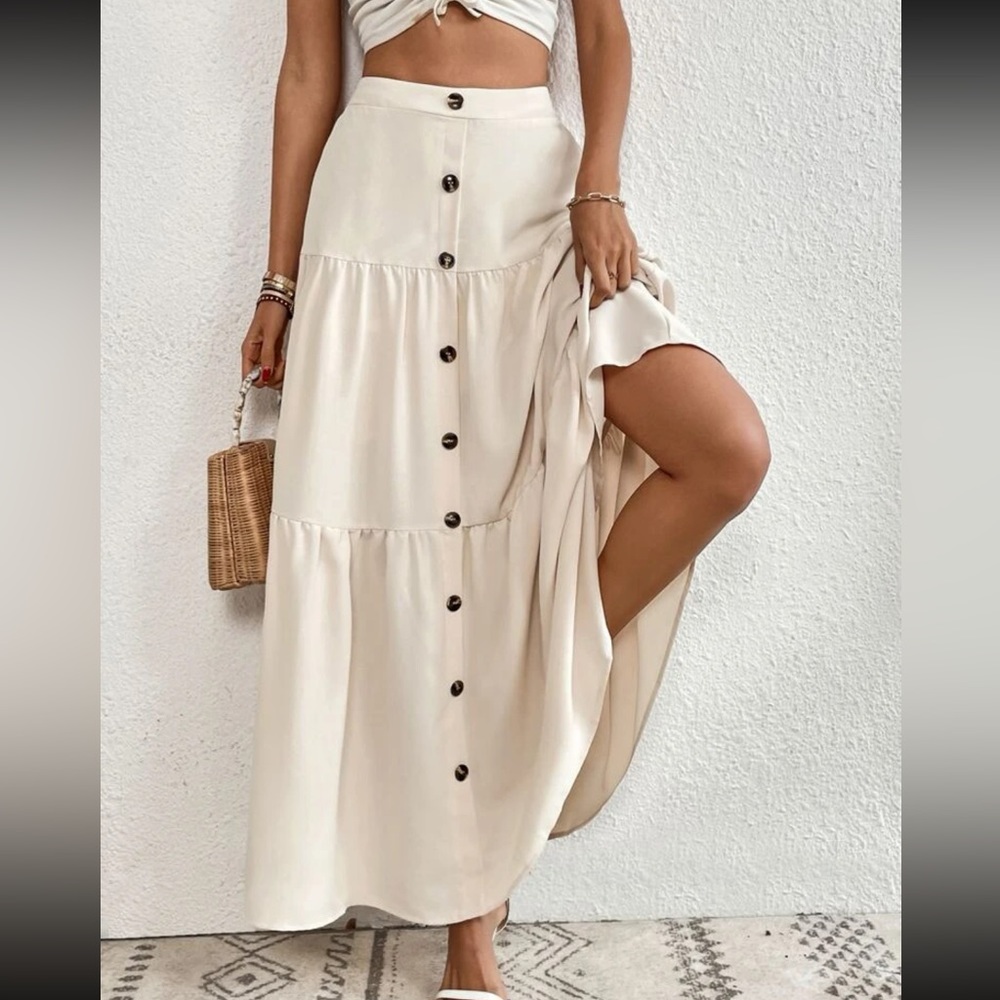 Boho dusty pink button detail ruffle hem maxi skirt - Picture 13 of 16